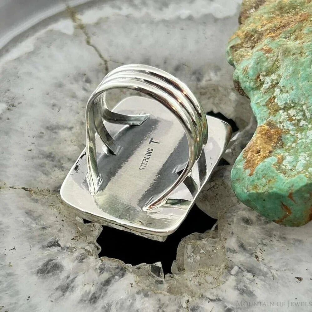 Native American Sterling Rectangle Boulder Ribbon Turquoise Bar Ring Size 7.25